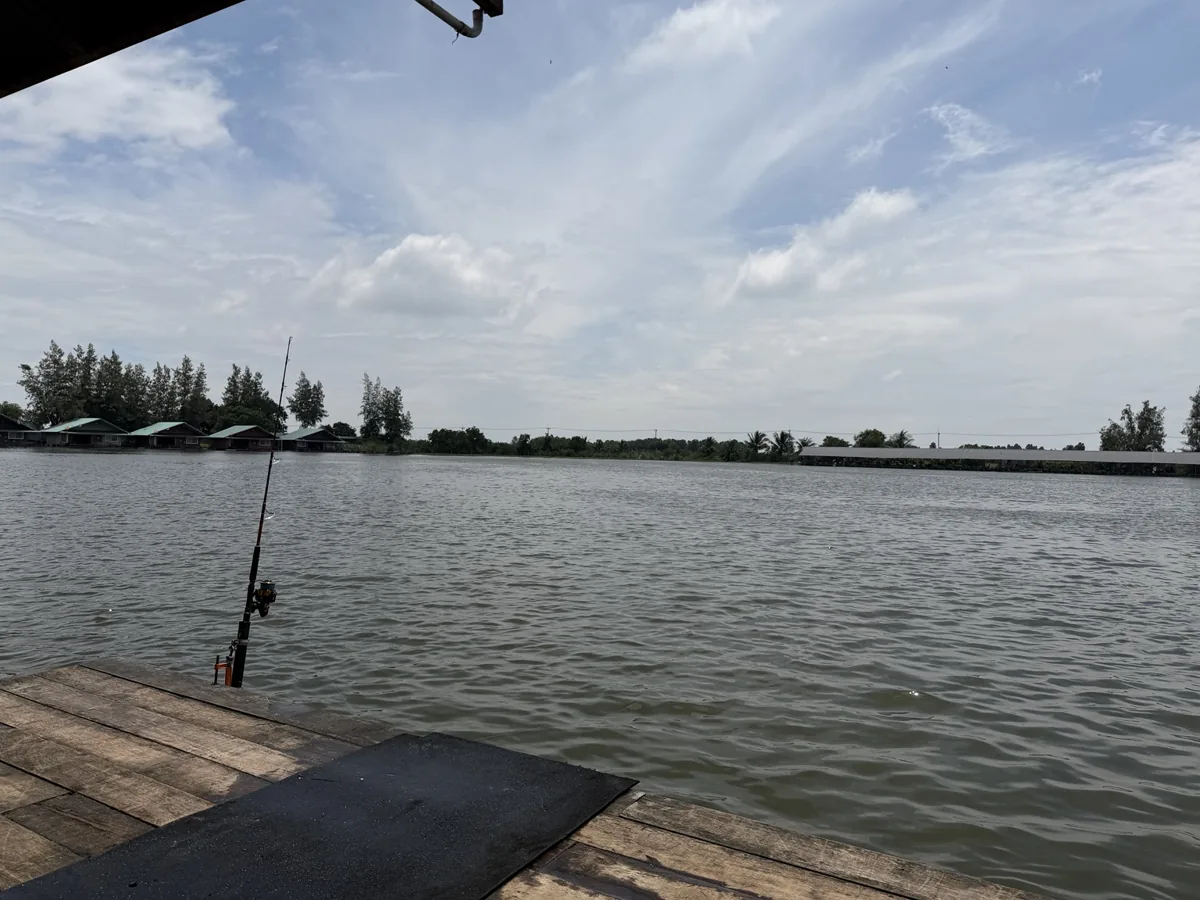 A fishing rod beside a black landing mat on a timber platform overlooking the lake