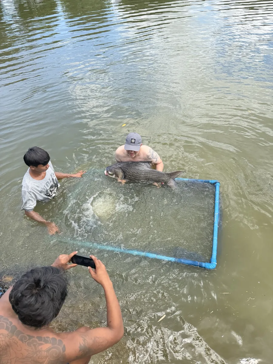 Two people in the lake beside a blue-framed net while another person takes a photograph