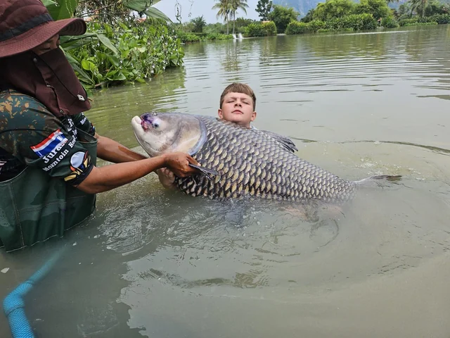 A Jurassic Mountain guide and Tyler supporting a large carp together in the water.